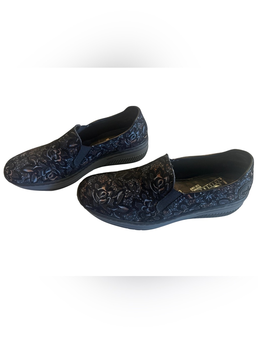Rieker Antistress Womens 39 Slip On Loafers Black Metallic Floral Lace NWOT 8